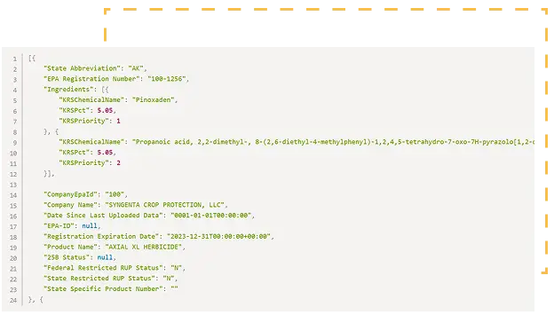 Image of Knowtify API Sample Code Screen Shot of the US pesticide data base integration for online retailers.