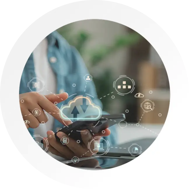 Image of cloud base EPA pesticide cloud software by Knowtify being used on a mobile phone with visual icons of all the knowtify.net features.